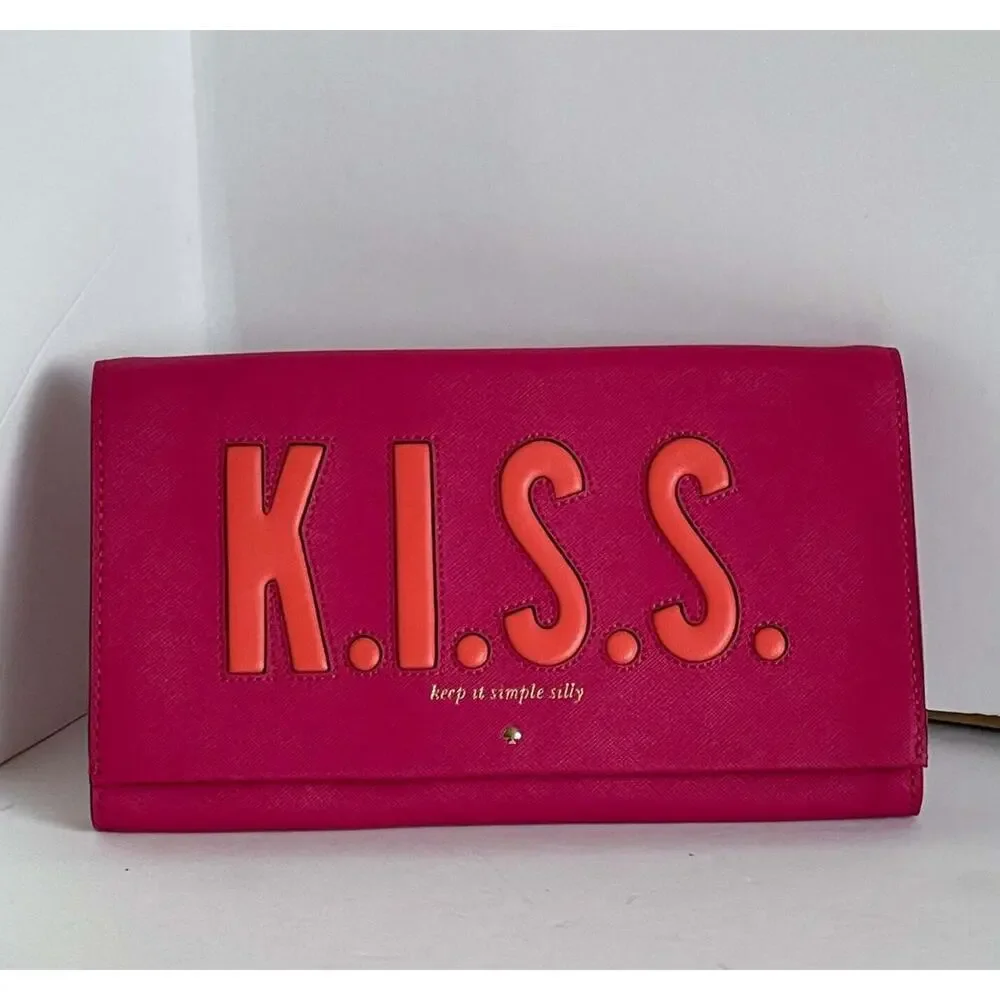 Kate Spade Kiss Tally Clutch Pink Leather Foldover Love Birds Bag